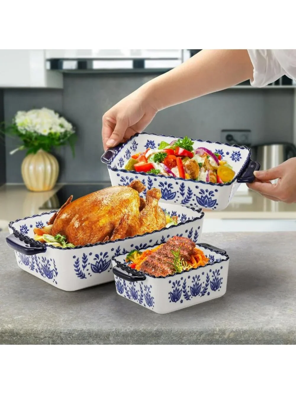 3-Pack Porcelain Baking Dishes Set - Rectangular Lasagna & Casserole Pans for